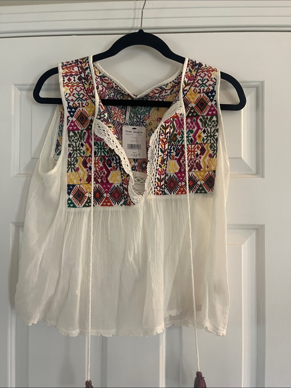 Free People Cream Gauze Camisole with Multicolor Embroidered Yoke